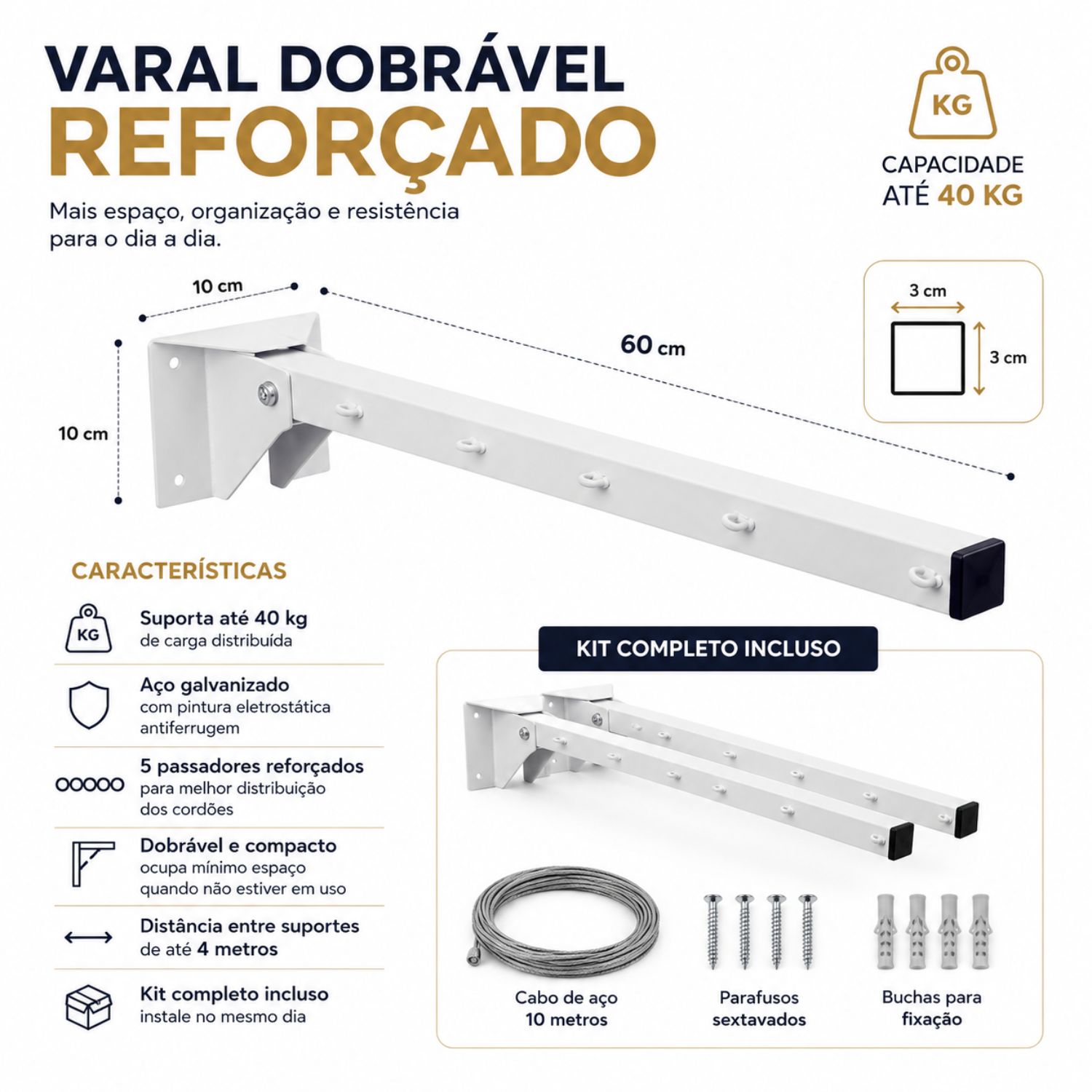 Kit 2 Suportes Varal Dobrável de Parede 5...